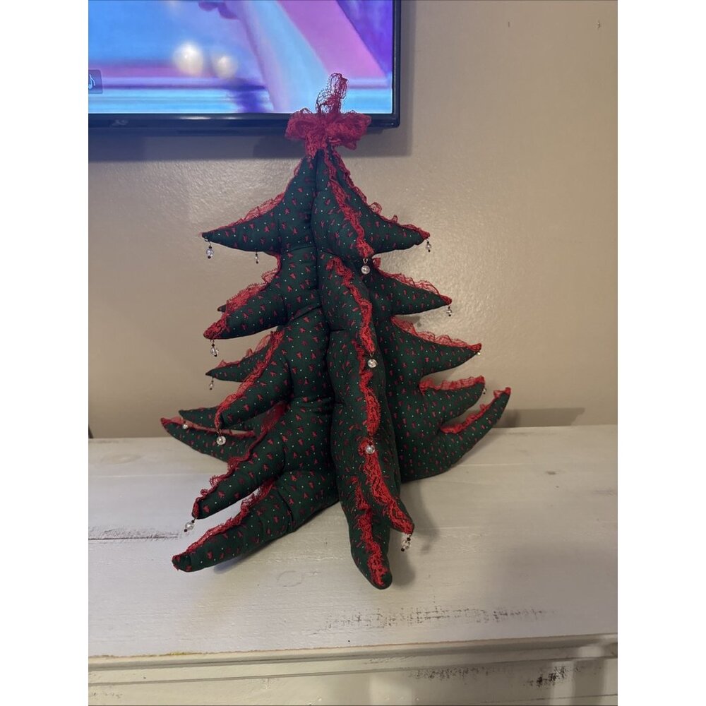 Vintage Handmade Fabric 3D Plush  17” Christmas Tree Ribbon Lace Bells